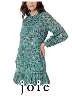 Joie | Charmesse Floral Cotton Mini Dress Teal Long Sleeve Boho - Size 10